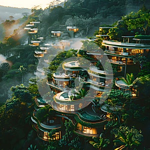 Building on hill w trees, Chinese archi, urban design, natural landscape, art
