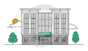 Building home contemporary, exterior house hospital. City clinic architecture with glass exterior. Flat illustration