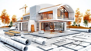 Building house on blueprints - construction project of a modern house