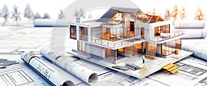 Building house on blueprints - construction project of a modern house