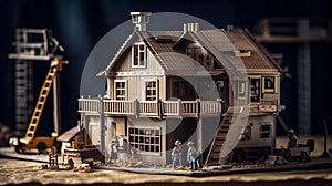 building house on blueprints with worker - construction project
