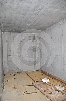 Building House Concrete Storage Cellar or Tornado Shelter Interior Room.