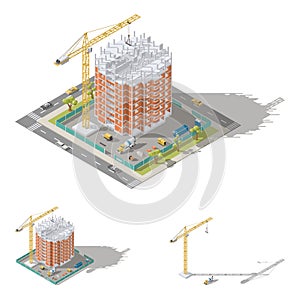 Building house, pouring a reinforced concrete frame, laying brick walls isometric icon set