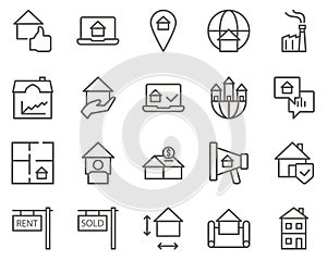 building, house, terrace set vector icons. Real estate icon set. Simple Set of Real Estate Related Vector Line Icons. Contains