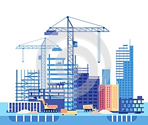 Building house. Work process of buildings construction and machinery. Flat vector concept