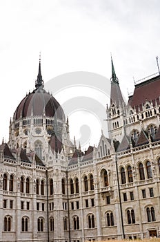 Building of the Hungarian Parliament Orszaghaz in Budapest, Hungary. The seat of the National Assembly. Detail photo of the facade