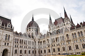 Building of the Hungarian Parliament Orszaghaz in Budapest, Hungary. The seat of the National Assembly. Detail photo of the facade photo
