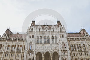 Building of the Hungarian Parliament Orszaghaz in Budapest, Hungary. The seat of the National Assembly. Detail photo of the facade photo