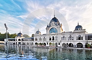 Building on ice rink at city park at summer Budapest