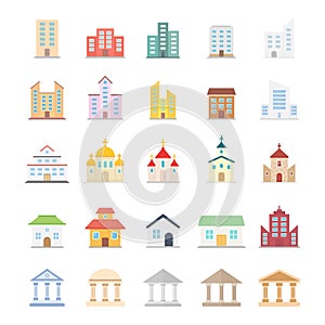 Building icon large set. Houses, churches, museums and universities.