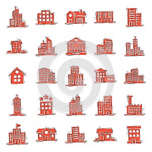 Building icon set in comic style. Town skyscraper apartment cartoon vector illustration on white isolated background. City tower