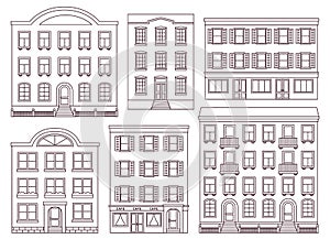 Building icon. Set in line art flat design. Outline houses isolated on white background. Vector illustration