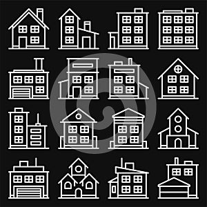 Building Icons Set on Black Background. Line Style Vector