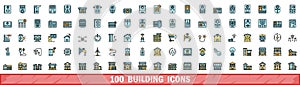 100 building icons set, color line style