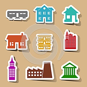 Building icons set on color stickers