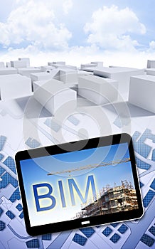 Building Information Modeling BIM, a new way of architecture designing - concept image with a metal tower crane in a