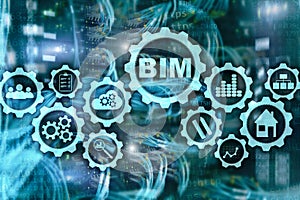 Building Information Modeling. BIM on the virtual screen with a server data center background