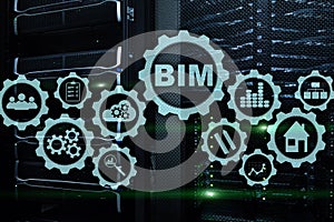 Building Information Modeling. BIM on the virtual screen with a server data center background