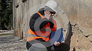 Building inspector talking on cell phone near old wall