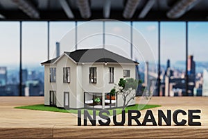 Building insurance, modern house villa style standing on wooden desk in modern office, skyline view, 3D Illustration