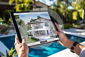 Building internet digital tablet screen house hand computer technology home business architect