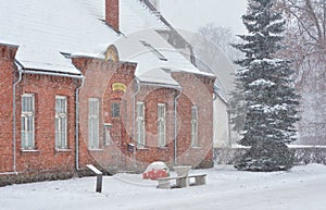 Building of The Kondas Centre of Naive Art in snowfall
