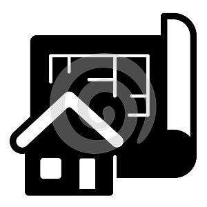 Building layout paper and house solid icon, architect studio concept. Vector graphics. Project plan of cottage house