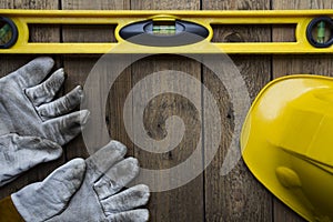 Building level, helmat and glove