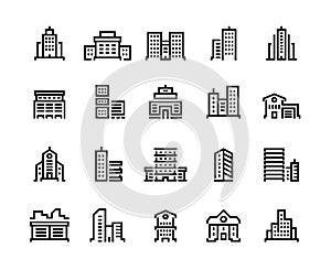Building line icons. Business center with offices, municipal buildings, school and hospital. City constructions symbols