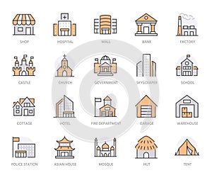 Building line icons set. Hospital, hotel, bank, mall, skyscraper, government city hall, castle, police minimal vector