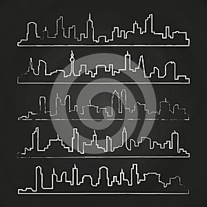 Building line of town. Hand drawn urban vector cityscape set