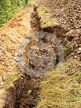 Building of lines of metallic and fiber optic cables. Laying underground tow network connection cable.