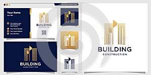 Building logo with golden line art style and business card design template Premium Vector photo