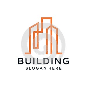 Building logo with modern line art style and business card design template