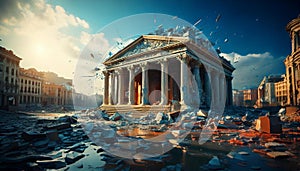 A building with a lot of debris and rubble surrounding it photo