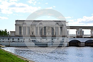 Building of the machine hall of the Uglich hydroelectric power station. Yaroslavl region