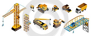 Building machines in isometric style, set of isolated vehicles, vector illustration