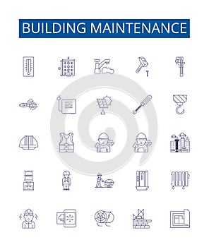 Building maintenance line icons signs set. Design collection of Repair, Cleaning, Painting, Gardening, Mowing