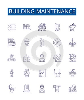 Building maintenance line icons signs set. Design collection of Repair, Cleaning, Painting, Gardening, Mowing