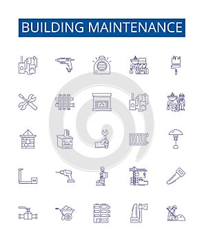 Building maintenance line icons signs set. Design collection of Repair, Cleaning, Painting, Gardening, Mowing