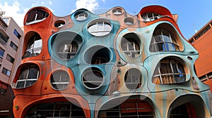 A building with many windows and a lot of different shapes, AI