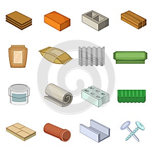 Building material icons set, cartoon style