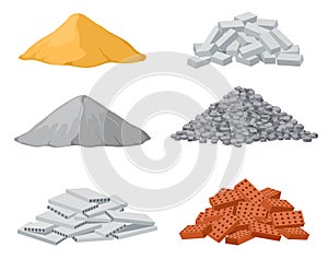 Building material piles. Red and lime brick, cement heaps. Gravel pile and reinforced concrete slabs isolated vector set photo