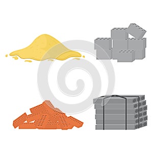 Building material piles, sand, stones cement brick