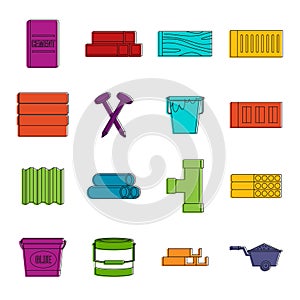 Building materials icons doodle set