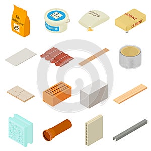 Building materials icons set, isometric style