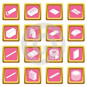 Building materials icons set pink square vector