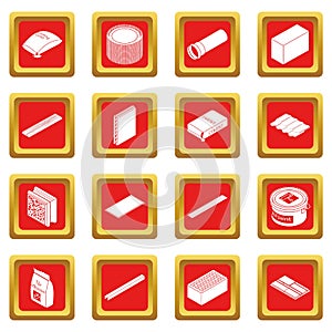 Building materials icons set red square vector