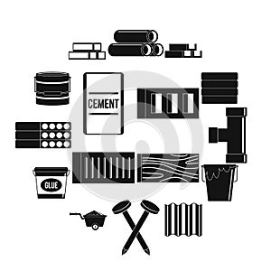 Building materials icons set, simple style