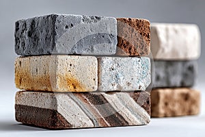 Building Materials. Natural material. Group of textured bricks. Construction concept